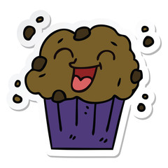 sticker of a quirky hand drawn cartoon happy muffin