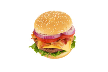 Cheeseburger with bacon, isolated on white background. American cuisine concept. Cut out.