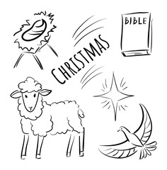 Doodle icons for Christmas - Bible, dove, lamb, child, star