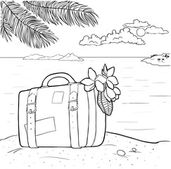 Suitcase with plumeria on the beach - vector line art - coloring page