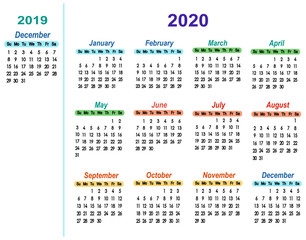 Vector calendar 2020 with one month 2019 december