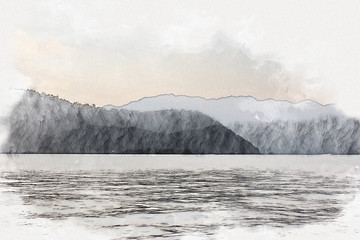 Abstract Colorful mountain peak and river on watercolor illustration painting background.