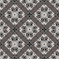 Lace textured black and white Baroque vector seamless pattern. Ornamental luxury lacy background. Damask ornament. Vintage ornate flowers, scroll leaves. Decorative antique baroque repeat backdrop.