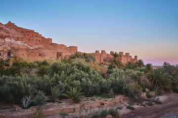 Fototapeta na wymiar Historic fort of Ait Ben Haddou Morocco Africa after sunset with copy space