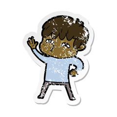 distressed sticker of a cartoon curious man