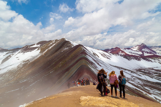 RAINBOW mountain PERU-December 20 , 2018 ,panoramic view,Vinicunca,tourists and locals,, Seven Colors Mountain,Seven Colors Mountain,Trekking,Cusco, Per&uacute;.