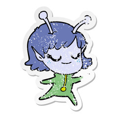 distressed sticker of a smiling alien girl cartoon