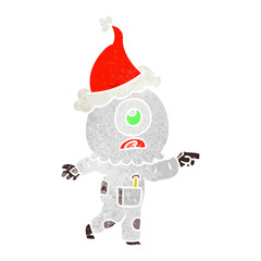 retro cartoon of a cyclops alien spaceman pointing wearing santa hat