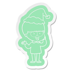 happy cartoon  sticker of a boy wearing santa hat