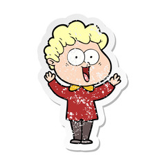 distressed sticker of a cartoon happy man