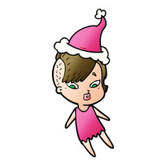 gradient cartoon of a surprised girl wearing santa hat