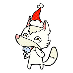 comic book style illustration of a hungry wolf wearing santa hat
