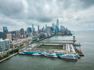 Cloudy aerial view of Pier 40 with Manhattan Downtown skyline in New York City, New York, USA