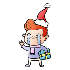 gradient cartoon of a man crying wearing santa hat