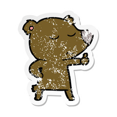 distressed sticker of a happy cartoon bear giving thumbs up