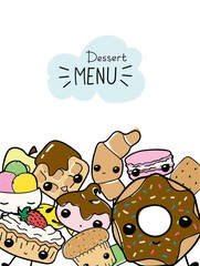 Dessert menu cover template. Cute kawaii desserts: ice cream, croissant, macaroni, donut, muffin, meringue, tart. Hand drawn vector illustration