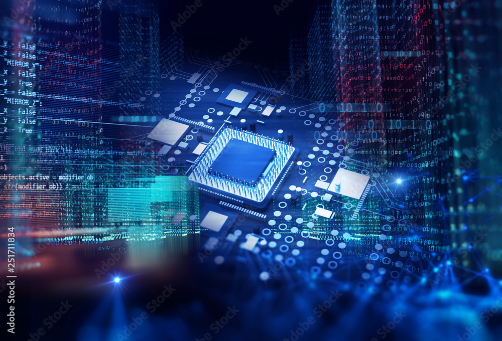 Poster 3d rendering of futuristic blue circuit board
