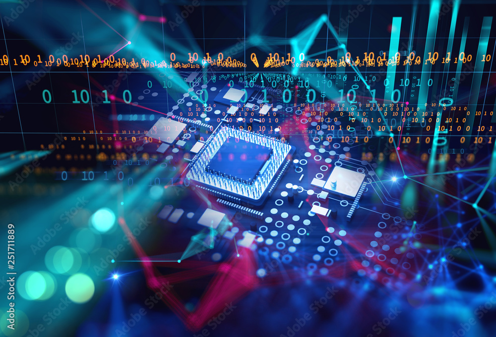 Aufkleber 3d rendering of futuristic blue circuit board