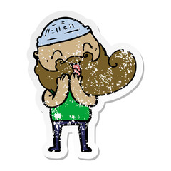 distressed sticker of a happy bearded man laughing