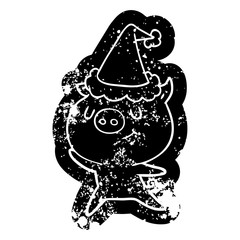 happy cartoon distressed icon of a pig wearing santa hat