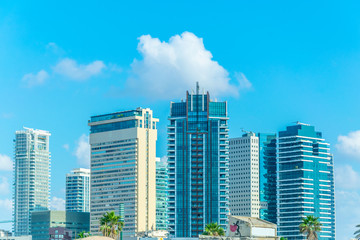 Glass and steel skyscrapers erected over Rotschild boulevard in Tel Aviv, Israel