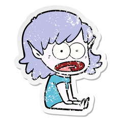 distressed sticker of a cartoon shocked elf girl