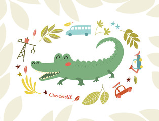 Crocodile. Funny predator in cartoon style. Cheerful green alligator.