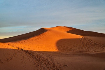 Fototapeta na wymiar Beautiful sand dune at the sunset in Sahara desert Morocco Africa