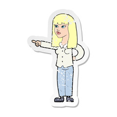 retro distressed sticker of a cartoon pretty woman pointing