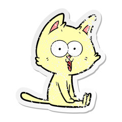 distressed sticker of a funny cartoon cat sitting