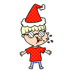 comic book style illustration of a boy wearing spectacles wearing santa hat