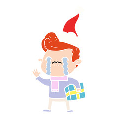 flat color illustration of a man crying wearing santa hat