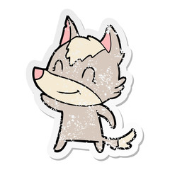 distressed sticker of a friendly cartoon wolf