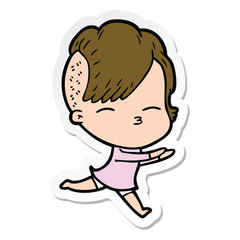 sticker of a cartoon squinting girl running