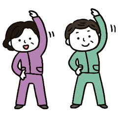 体操・運動をする老夫婦/手描き/かわいい