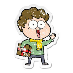 distressed sticker of a cartoon happy man