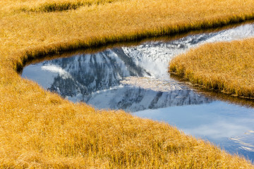 Bend of river bed with yellow grass on bank