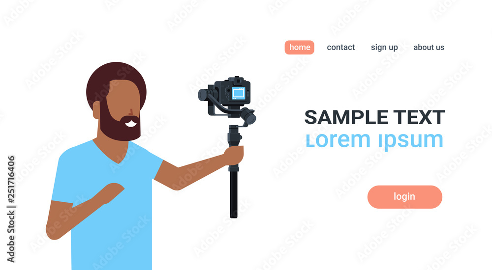 Poster man blogger broadcasting live stream report shooting selfie video african guy recording himself usin