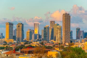 Sunset view of skyscrapers in Tel Aviv, Israel