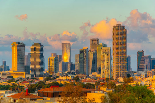 Sunset view of skyscrapers in Tel Aviv, Israel