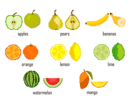 Set embroidered, pixel, fruit apple, pear, banana, orange, lemon, lime, watermelon, mango on a white background. Vector