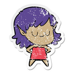distressed sticker of a happy cartoon elf girl