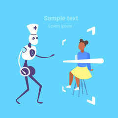 woman patient having consultation with humanoid robot doctor artificial intelligence assistance medicine healthcare concept full length flat copy space