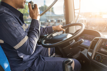 Truck Driver Making Talking Through Radio,Communication on the Highway,Concept transport on...