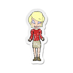 retro distressed sticker of a cartoon happy woman shrugging shoulders