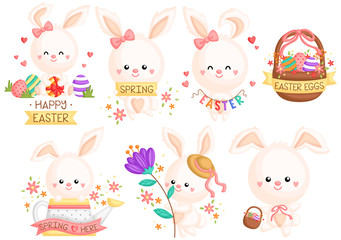 A Vector Set of Various Cute Bunny and Eggs Celebrating Easter Day and Spring Time