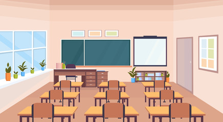 modern school classroom interior chalk board desks empty no people horizontal banner flat