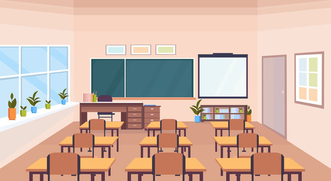 Modern School Classroom Interior Chalk Board Desks Empty No People Horizontal Banner Flat