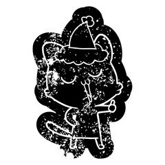 cartoon distressed icon of a cat singing wearing santa hat