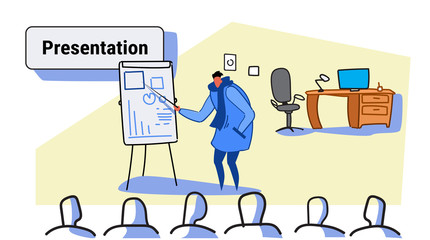 casual man speaker pointing financial graph on flip chart conference meeting presentation concept businessman team training sketch flow style horizontal